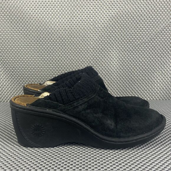 UGG Australia Gael Slip On Mules Womens 5 Black Leather Wedge Comfortable Clogs - Picture 1 of 12